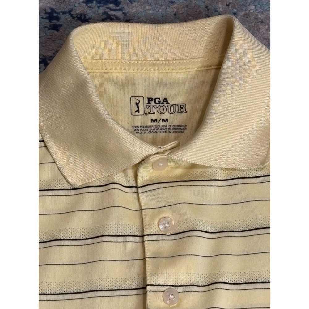 Golf Polo‎ Shirt Mens M PGA Tour Yellow Striped Short Sleeve Logo